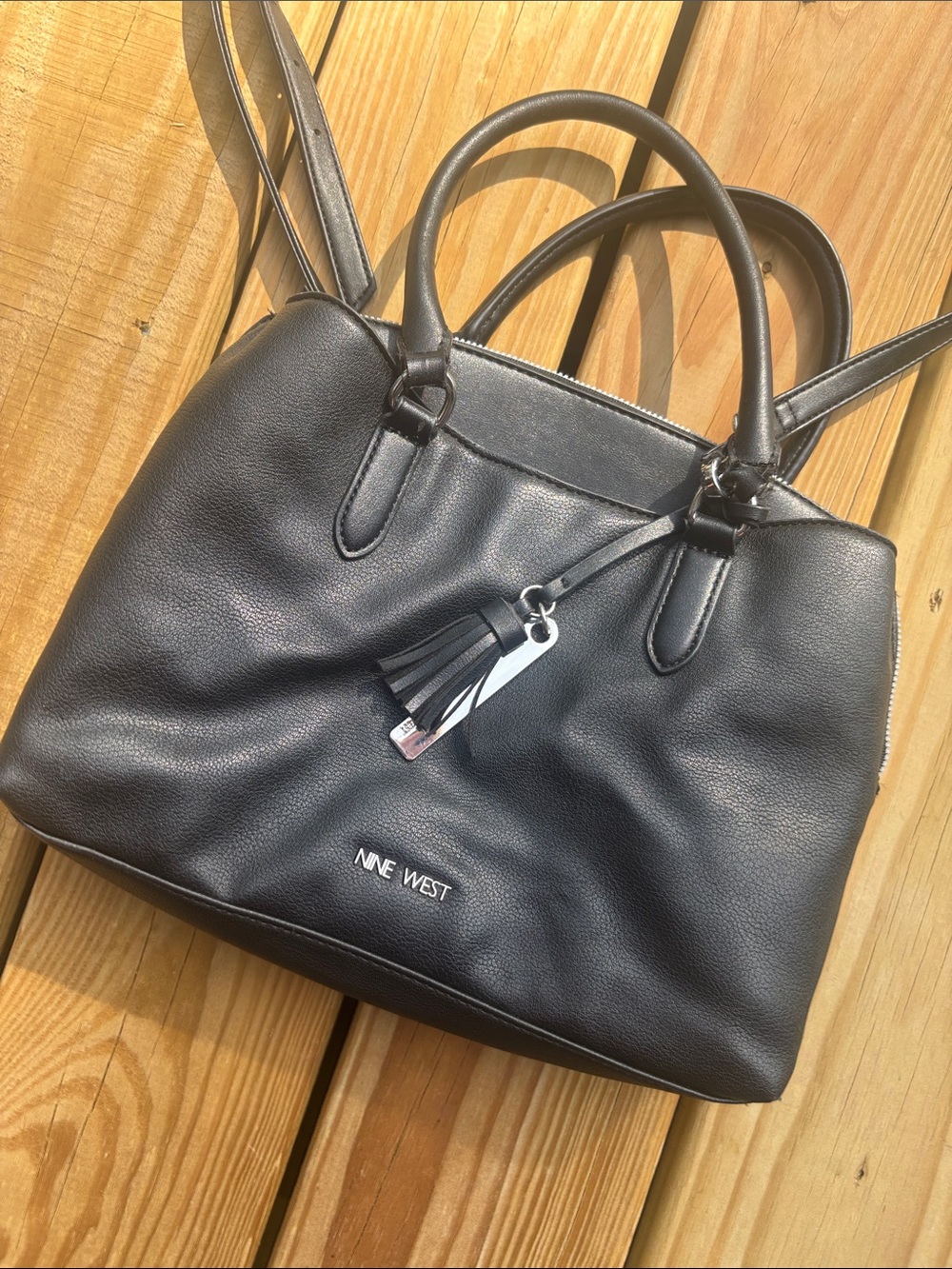 Nine West Black Pebbled Dome Satchel with Tassel